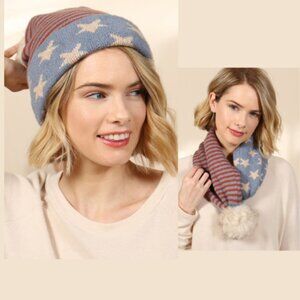 Primitive USA ACCENT LIGHT PRINT POM DUAL PURPOSE BEANIE SCARF